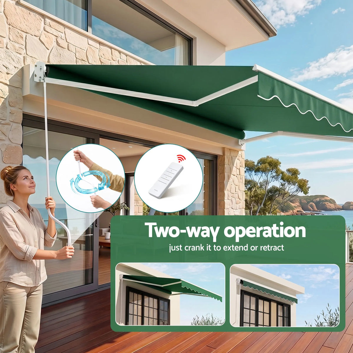 Instahut Retractable Folding Arm Awning Motorised Sunshade 5Mx3M Dark Green - Image 9