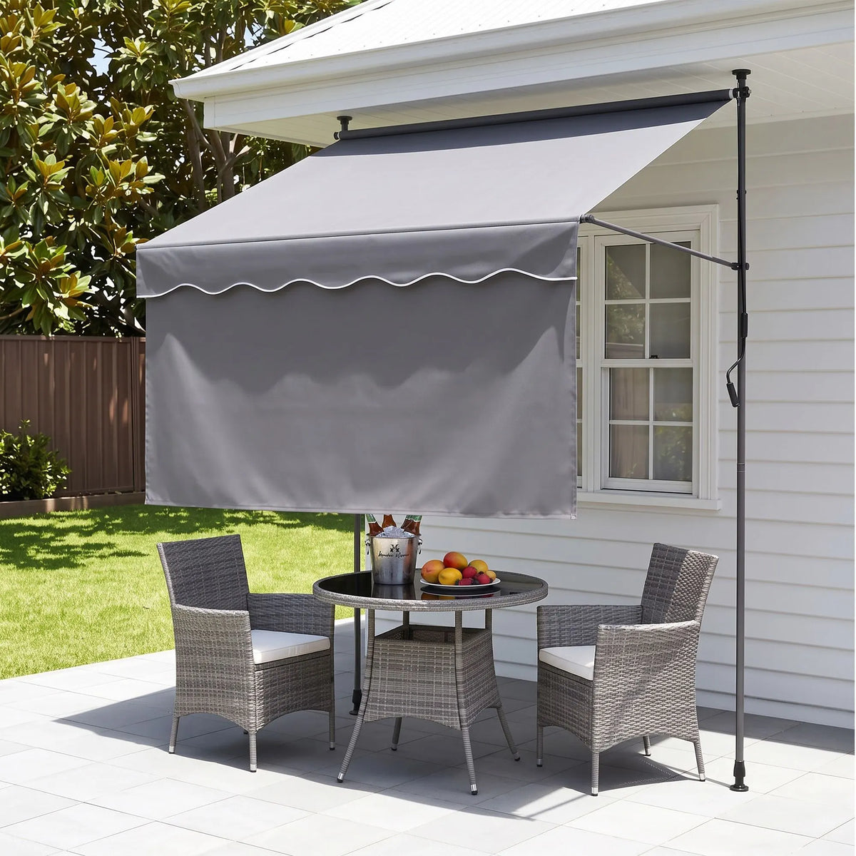 Instahut 2.1M x 1.8M Manual Pivot Arm Awning With Front Curtain Grey