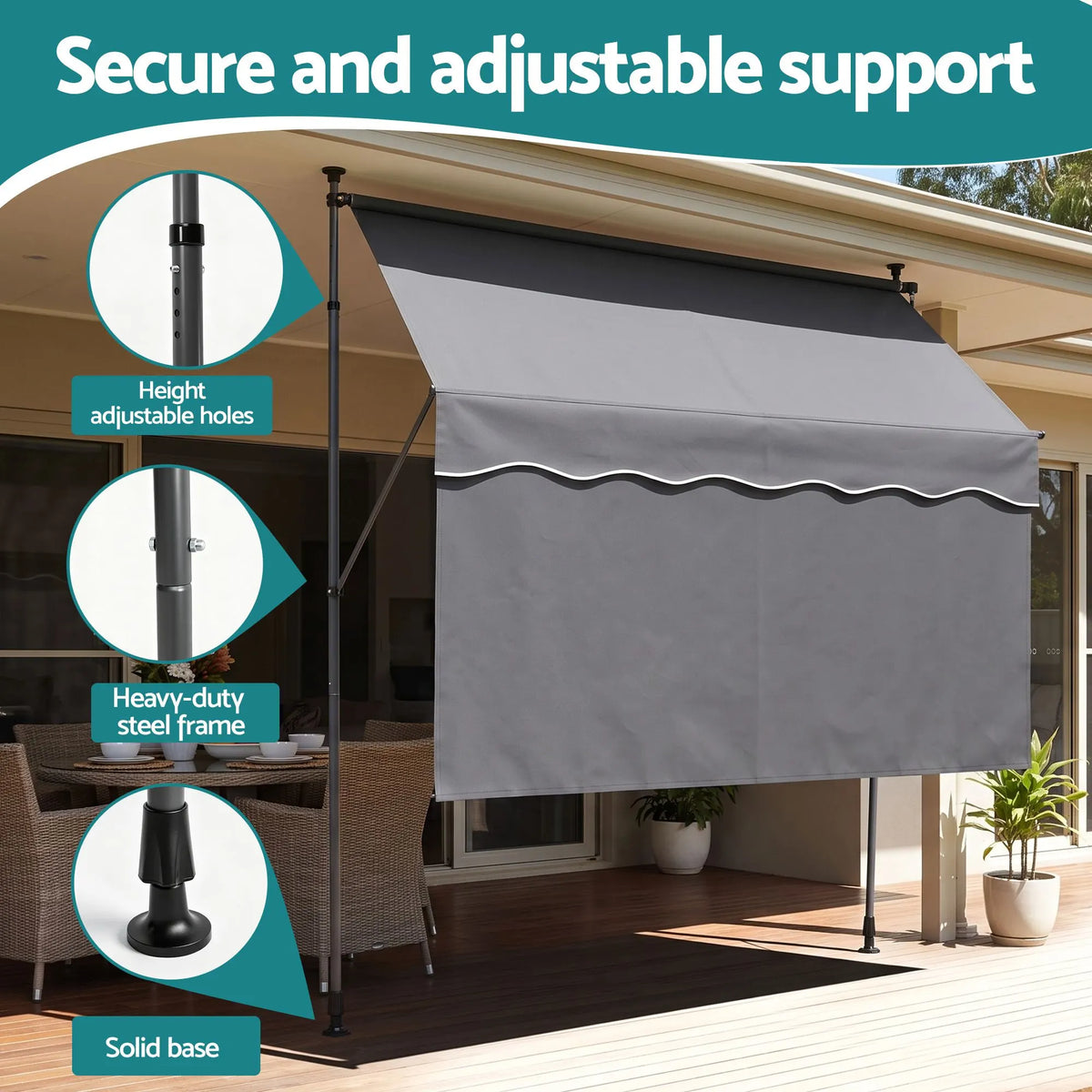 Instahut 2.1M x 1.8M Manual Pivot Arm Awning With Front Curtain Grey - Image 6