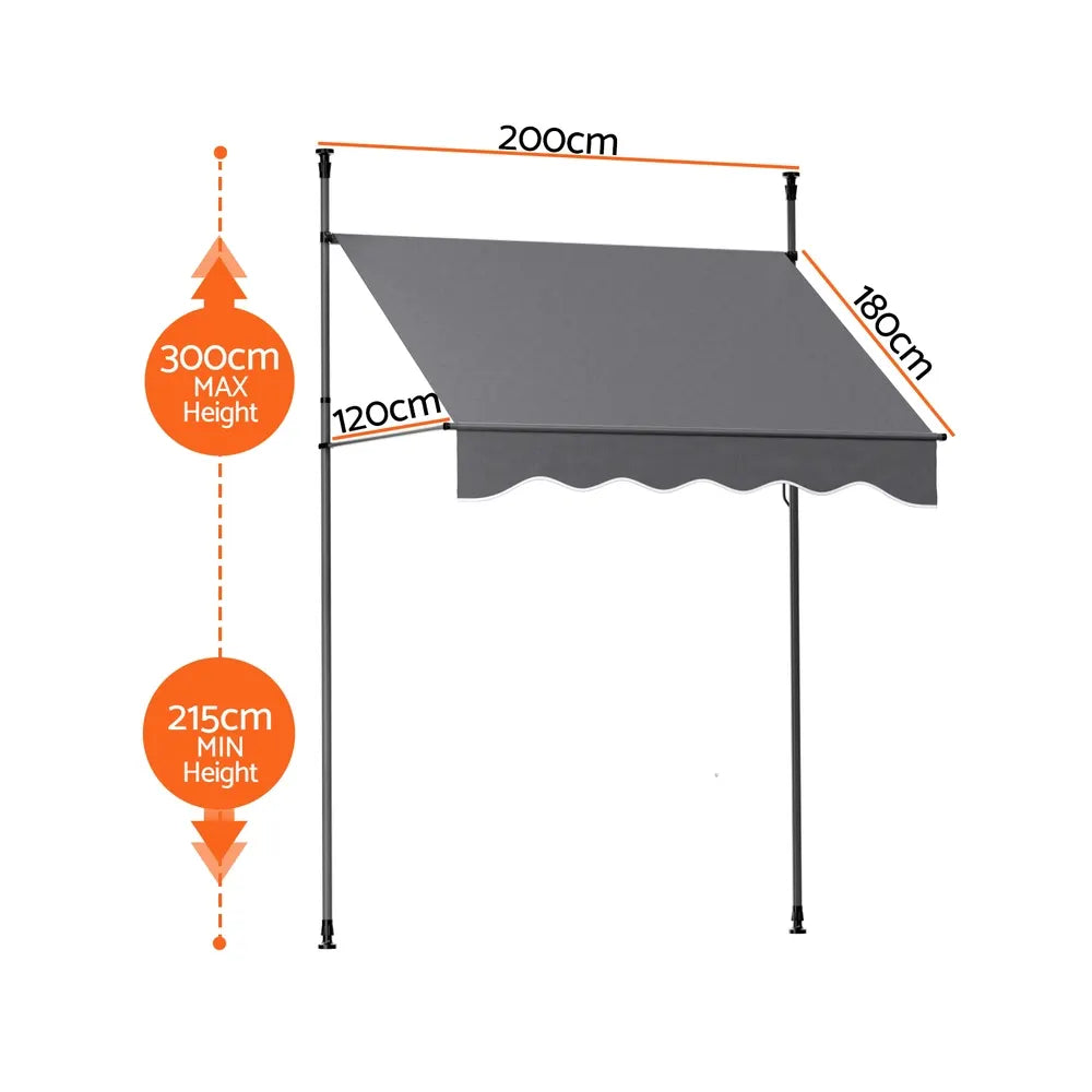 Instahut Window Fixed Pivot Arm Awning Outdoor Door Canopy 2X1.8M Grey - Image 2