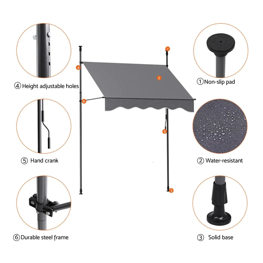 Instahut Window Fixed Pivot Arm Awning Outdoor Door Canopy 2X1.8M Grey - Image 4