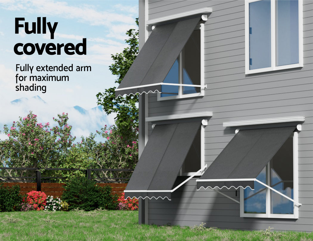 Instahut Retractable Fixed Pivot Arm Window Awning Outdoor Blinds 2.1X2.1M Grey - Image 6
