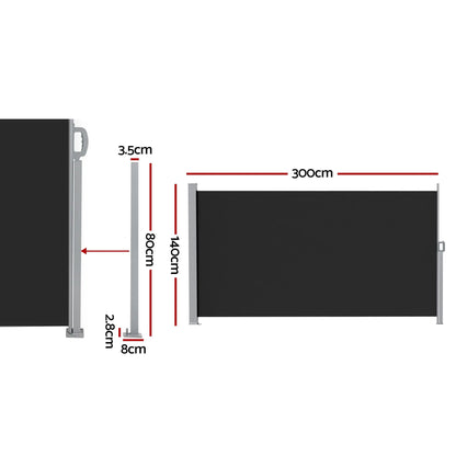 Instahut 1.4X3M Side Awning Retractable Privacy Screen Outdoor Sun Shade Black - Image 2