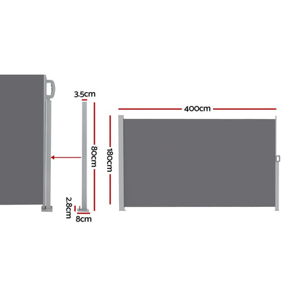 Instahut 1.8X4M Side Awning Retractable Privacy Screen Outdoor Sun Shade Grey - Image 2