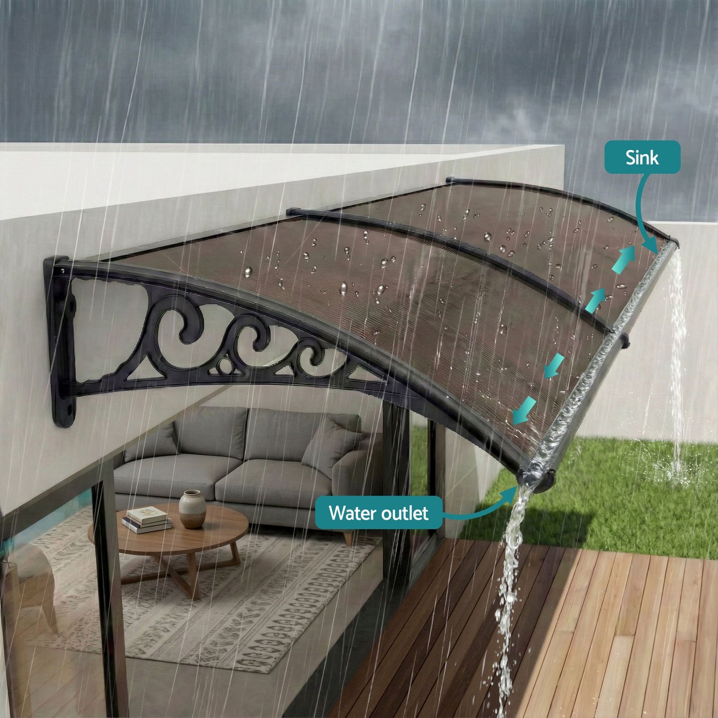 Instahut Window Awning Drainage 0.6mx0.6m Outdoor Brown - Image 4