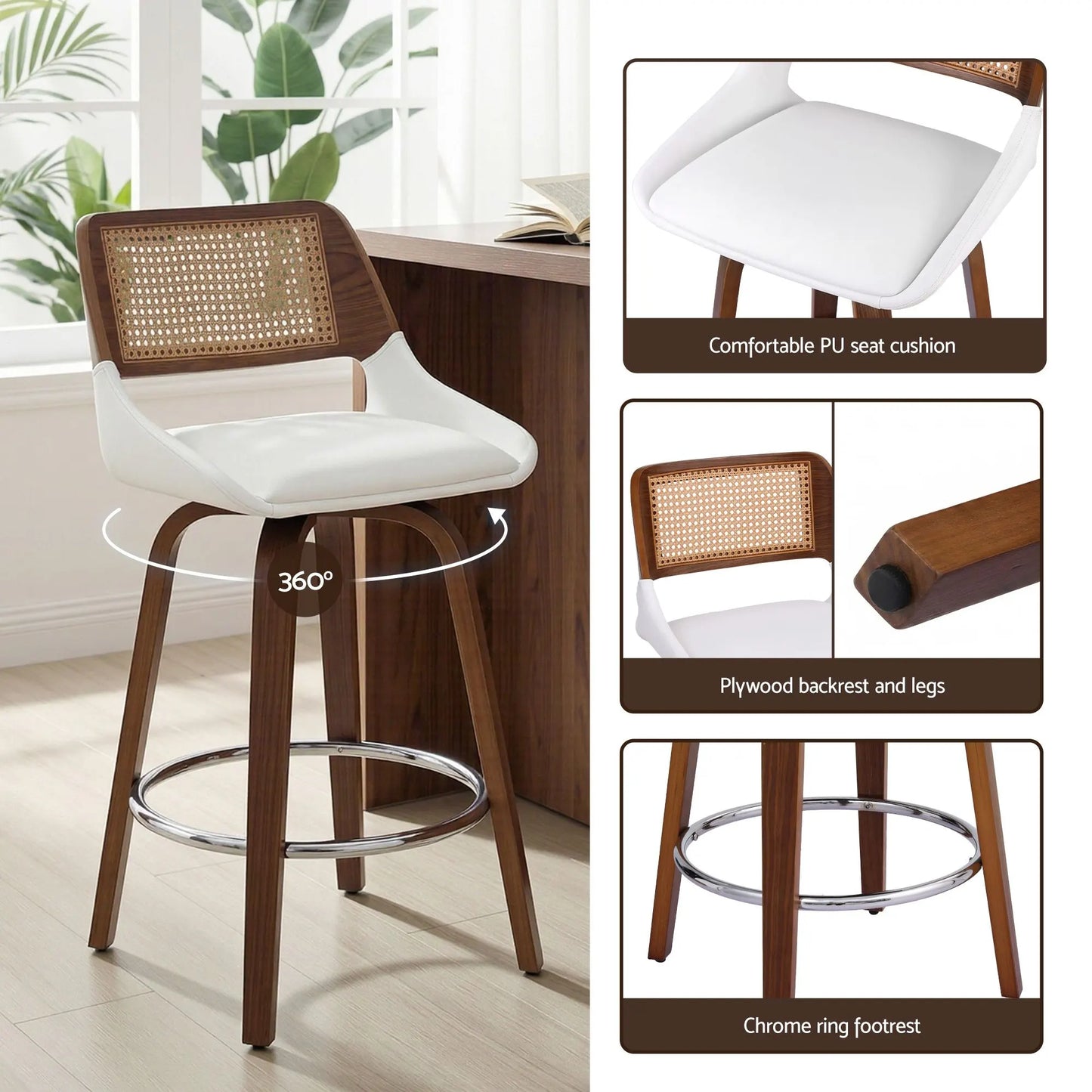 Artiss Wooden Bar Stools Set of 3 Swivel Kitchen Counter Stool Chair 60cm Seat Height - Image 8