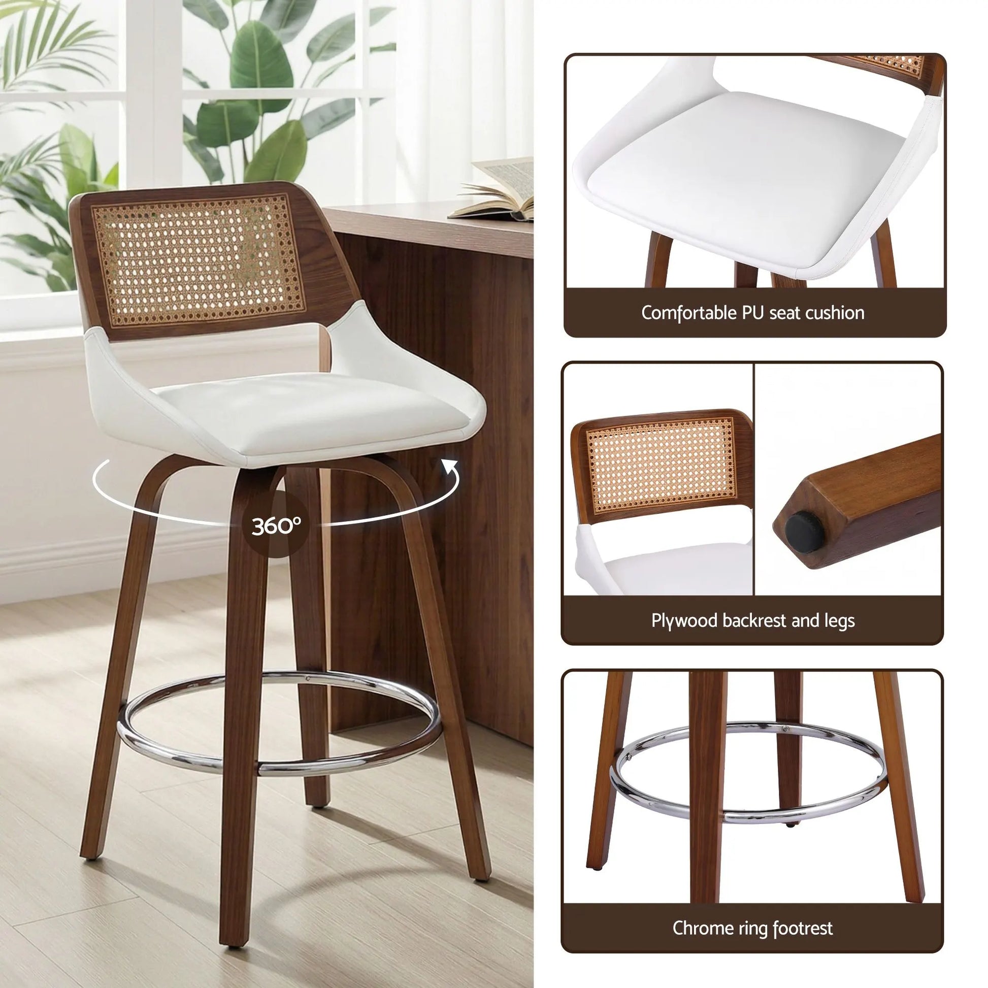 Artiss Wooden Bar Stools Set of 3 Swivel Kitchen Counter Stool Chair 60cm Seat Height - Image 8