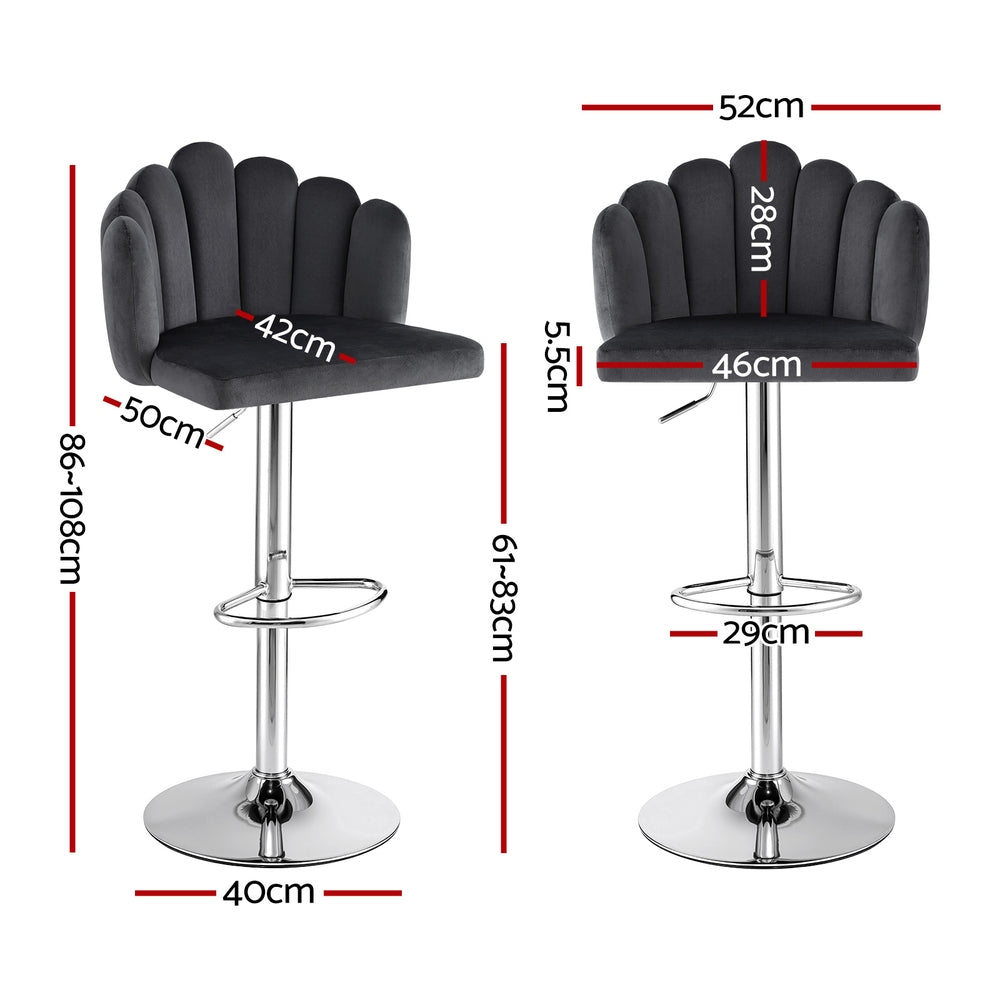 Artiss Bar Stool X2 Kitchen Dining Counter Gaslift Chair Adjustable Velvet Grey - Image 2