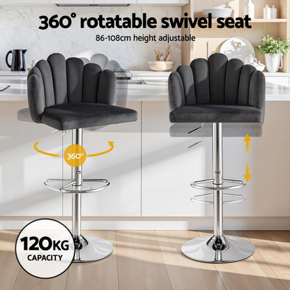 Artiss Bar Stool X4 Kitchen Dining Counter Gaslift Chair Adjustable Velvet Grey - Image 4