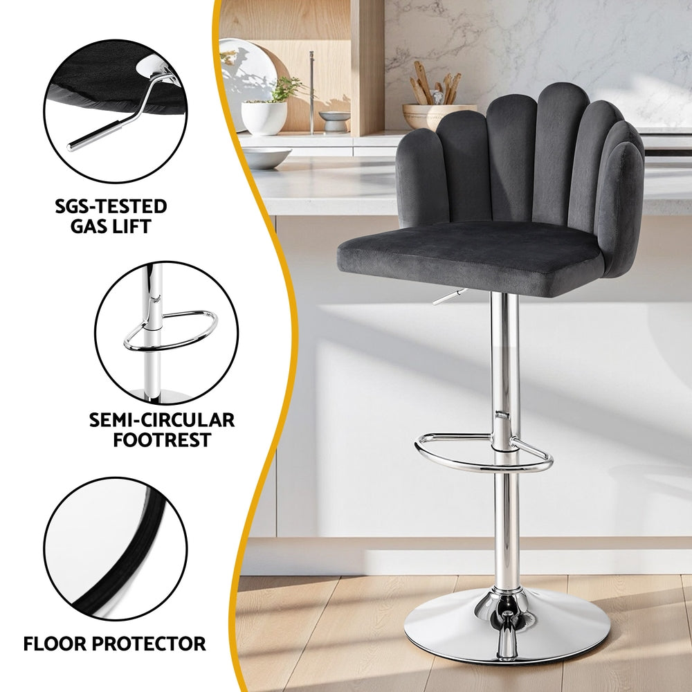 Artiss Bar Stool X4 Kitchen Dining Counter Gaslift Chair Adjustable Velvet Grey - Image 6