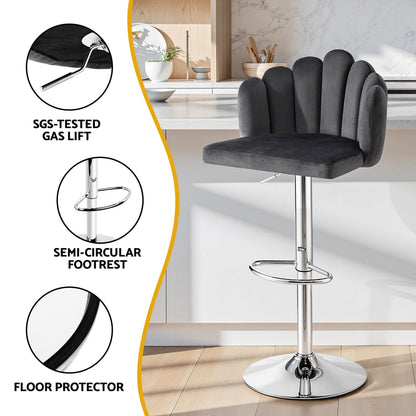 Artiss Bar Stool X4 Kitchen Dining Counter Gaslift Chair Adjustable Velvet Grey - Image 6