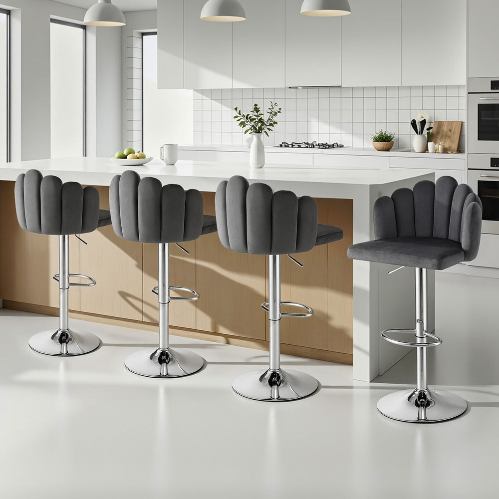 Artiss Bar Stool X4 Kitchen Dining Counter Gaslift Chair Adjustable Velvet Grey - Image 7