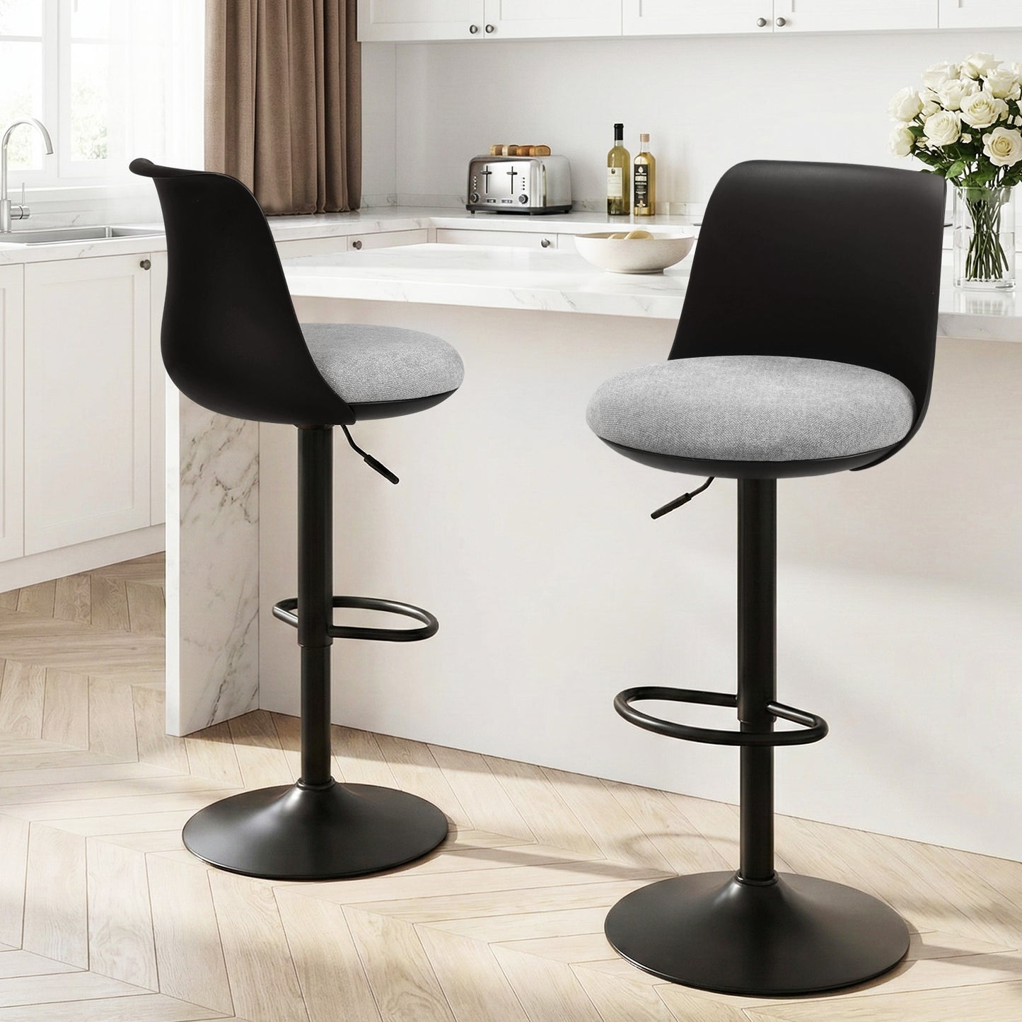 Artiss 2x Bar Stools Kitchen Swivel Gas Lift Counter Dining Chair Curved Black - Image 8