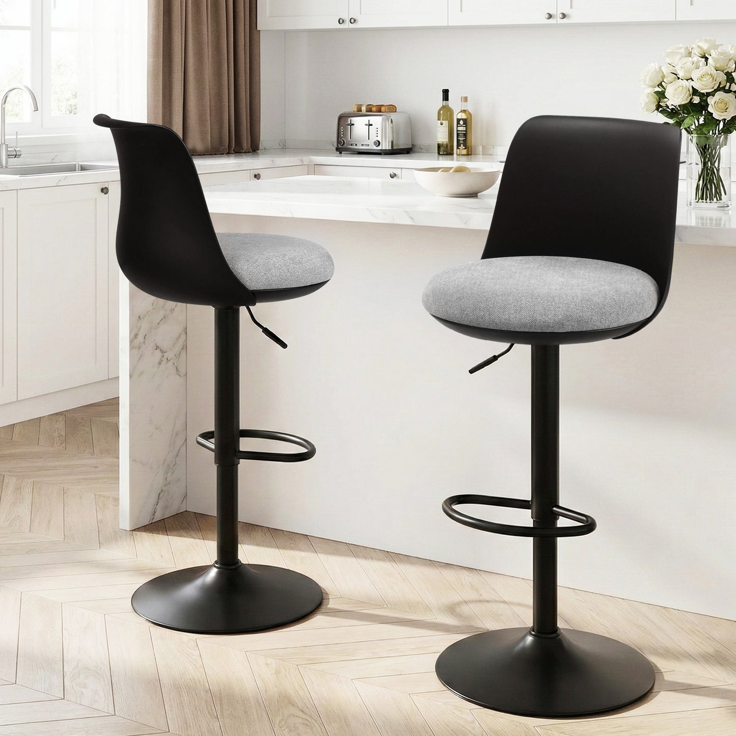 Artiss 2x Bar Stools Kitchen Swivel Gas Lift Counter Dining Chair Curved Black - Image 9
