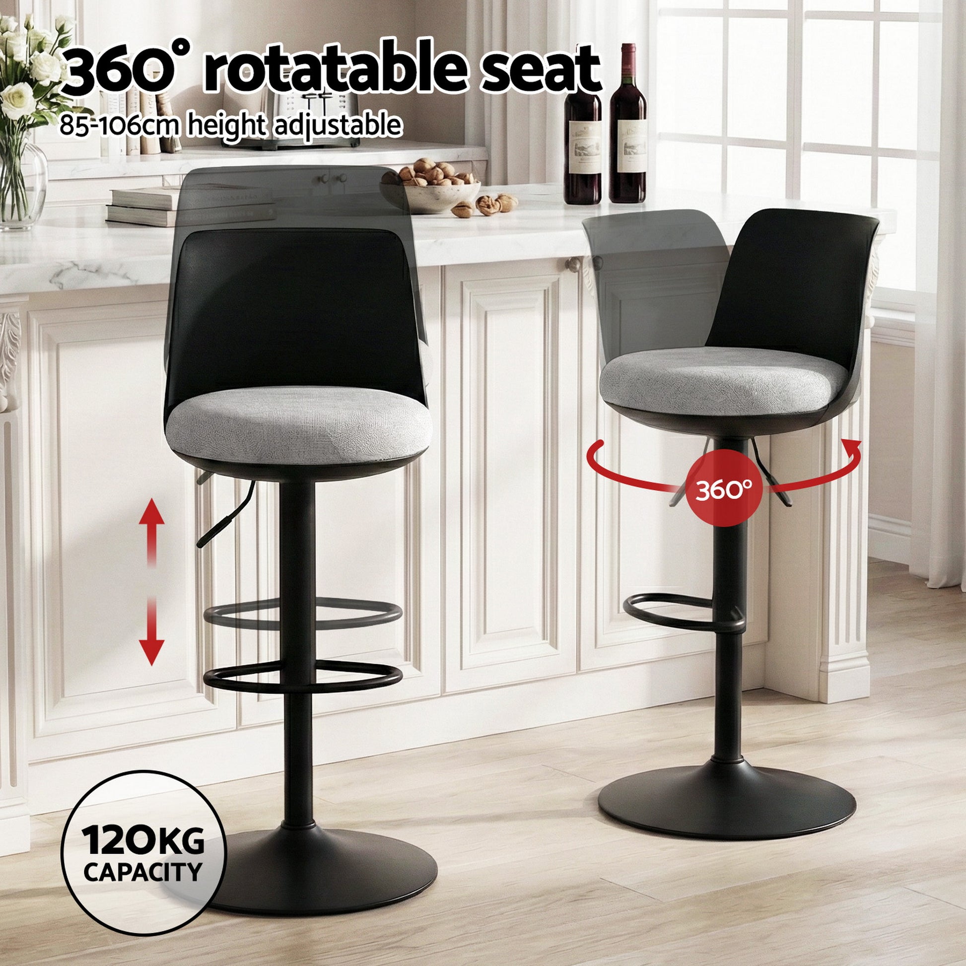Artiss 4x Bar Stools Kitchen Swivel Gas Lift Counter Dining Chair Curved Black - Image 4
