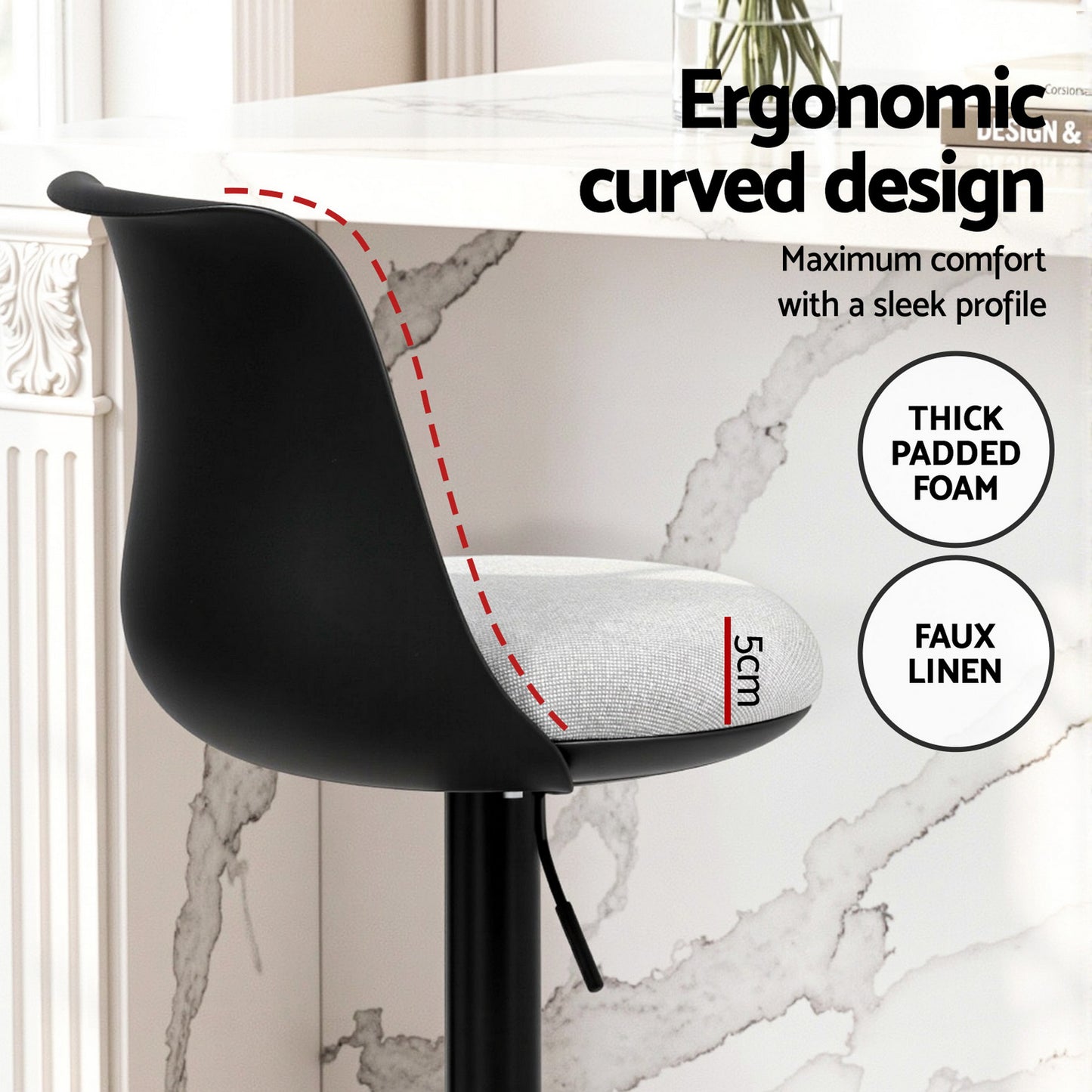 Artiss 4x Bar Stools Kitchen Swivel Gas Lift Counter Dining Chair Curved Black - Image 5