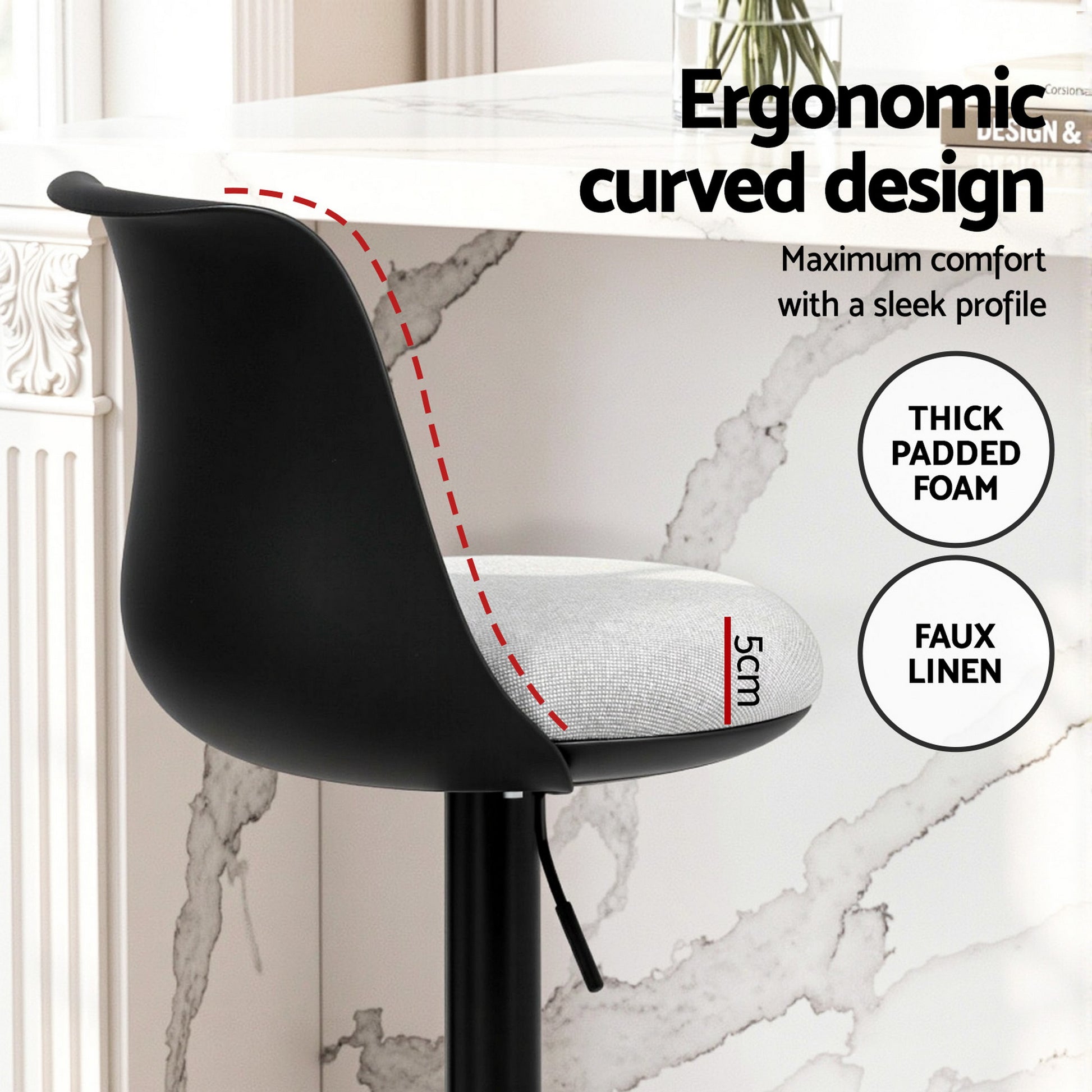 Artiss 4x Bar Stools Kitchen Swivel Gas Lift Counter Dining Chair Curved Black - Image 5