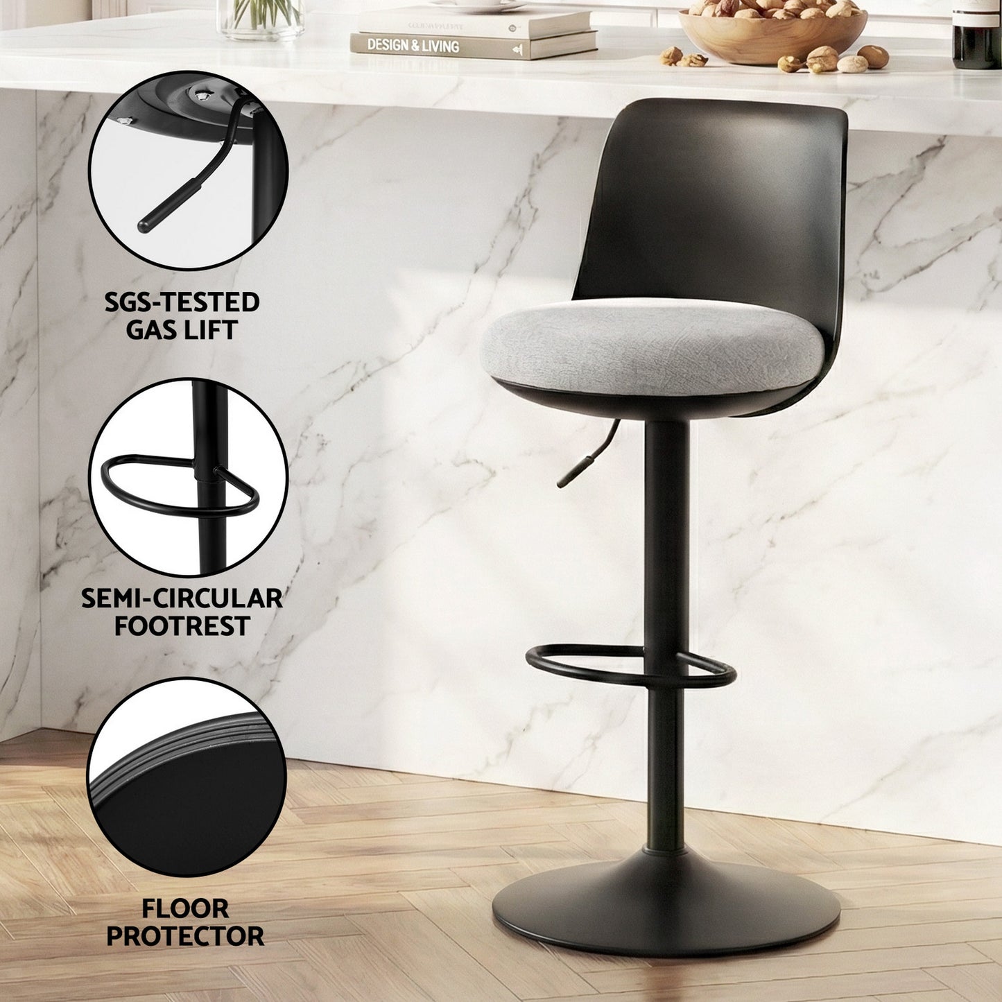 Artiss 4x Bar Stools Kitchen Swivel Gas Lift Counter Dining Chair Curved Black - Image 6