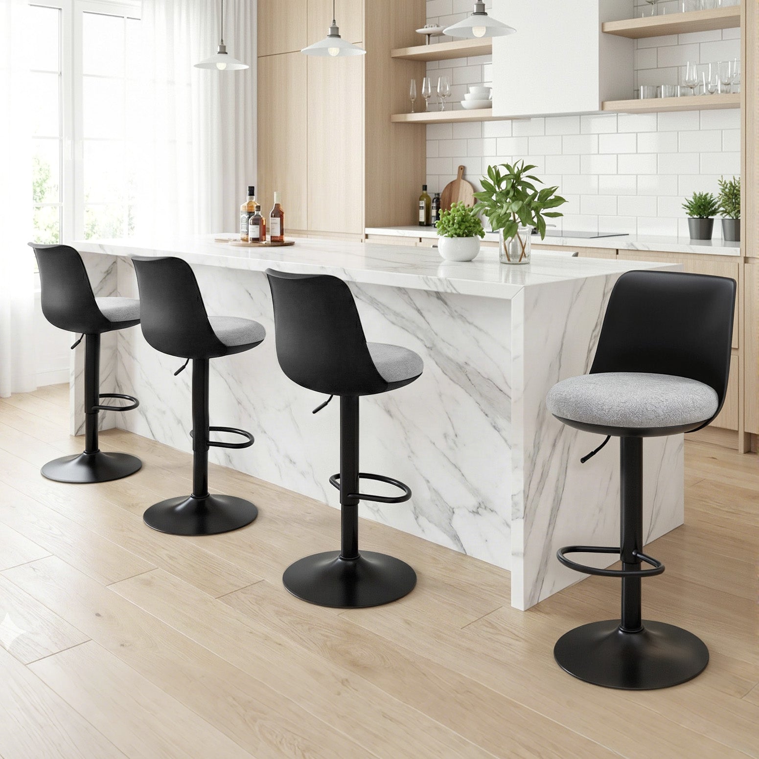 Artiss 4x Bar Stools Kitchen Swivel Gas Lift Counter Dining Chair Curved Black - Image 8