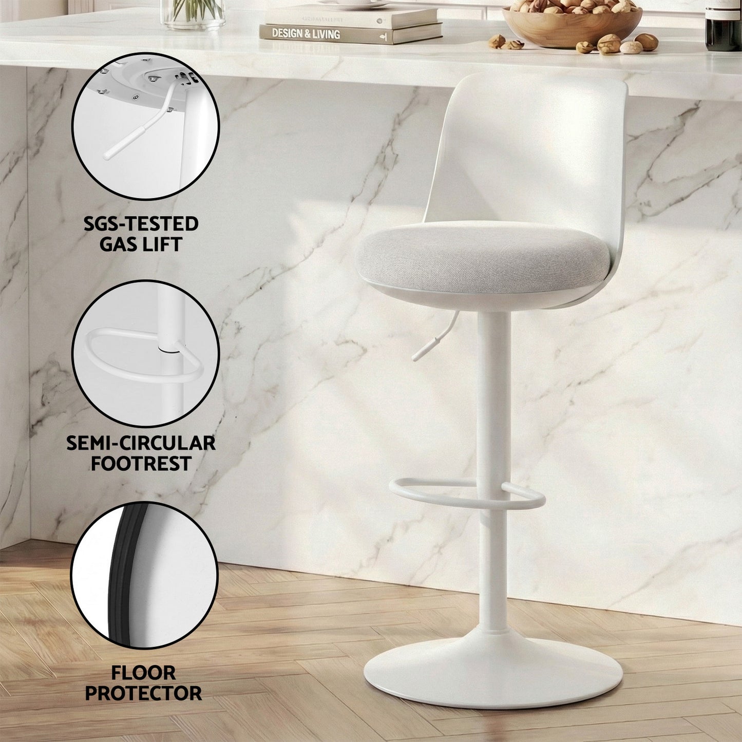 Artiss 4x Bar Stools Kitchen Swivel Gas Lift Counter Dining Chair Curved White - Image 6