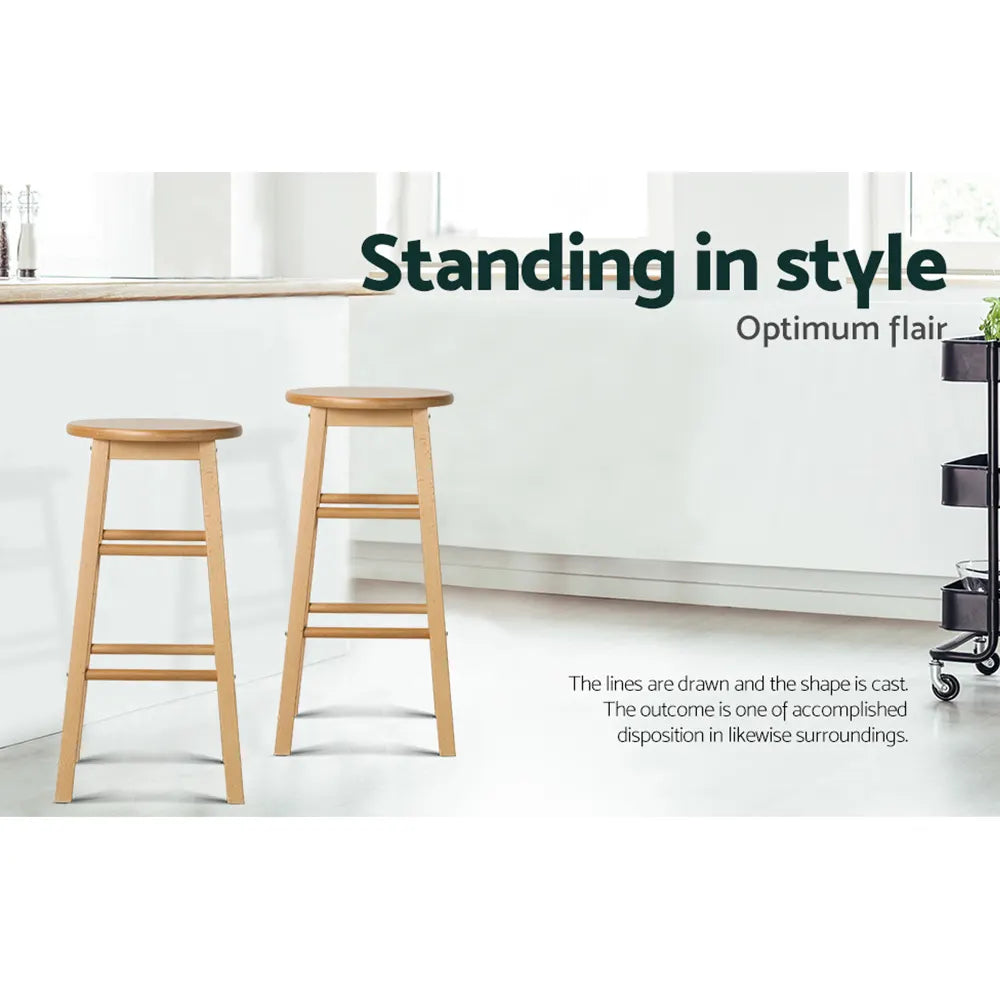 Artiss 2x Bar Stools Round Chairs Wooden Nature - Image 6