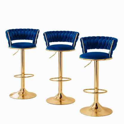 Artiss Bar Stools X3 Kitchen Counter Chair Gas Lift Velvet Woven Backrest Navy