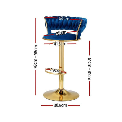 Artiss Bar Stools X3 Kitchen Counter Chair Gas Lift Velvet Woven Backrest Navy - Image 2