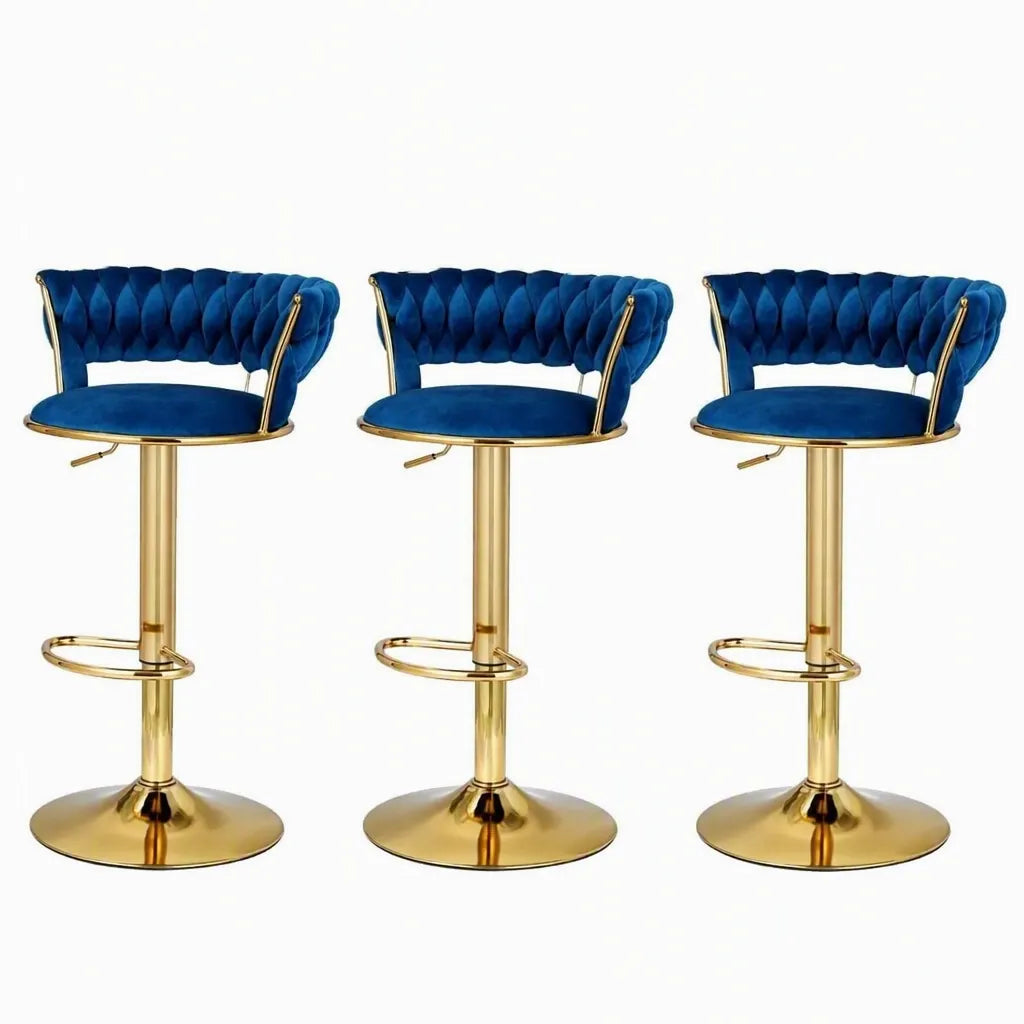 Artiss Bar Stools X3 Kitchen Counter Chair Gas Lift Velvet Woven Backrest Navy - Image 3