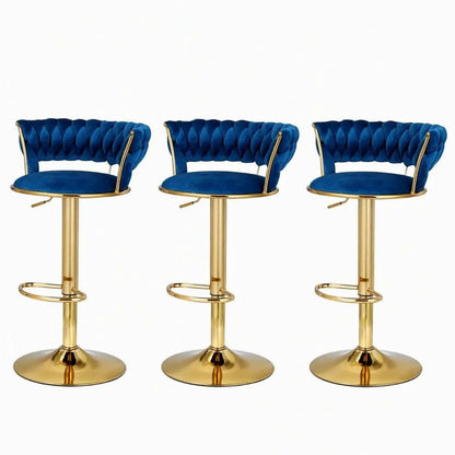 Artiss Bar Stools X3 Kitchen Counter Chair Gas Lift Velvet Woven Backrest Navy - Image 3