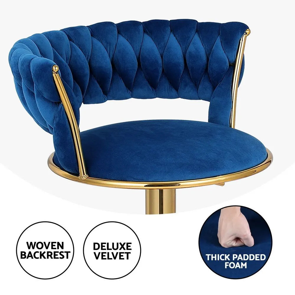 Artiss Bar Stools X3 Kitchen Counter Chair Gas Lift Velvet Woven Backrest Navy - Image 4