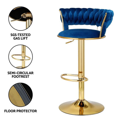 Artiss Bar Stools X3 Kitchen Counter Chair Gas Lift Velvet Woven Backrest Navy - Image 5