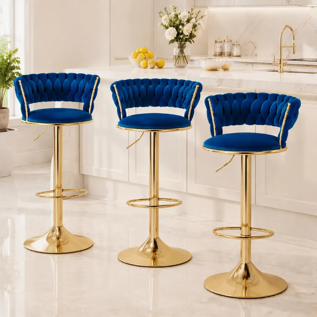 Artiss Bar Stools X3 Kitchen Counter Chair Gas Lift Velvet Woven Backrest Navy - Image 7