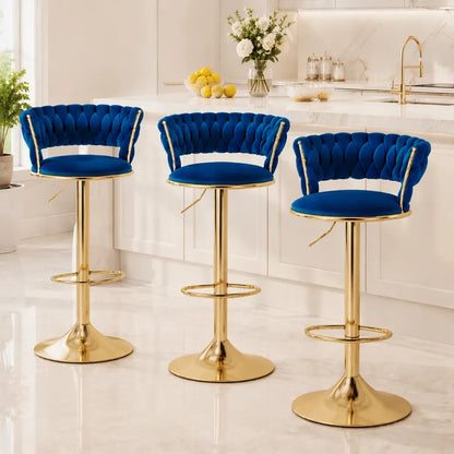 Artiss Bar Stools X3 Kitchen Counter Chair Gas Lift Velvet Woven Backrest Navy - Image 7