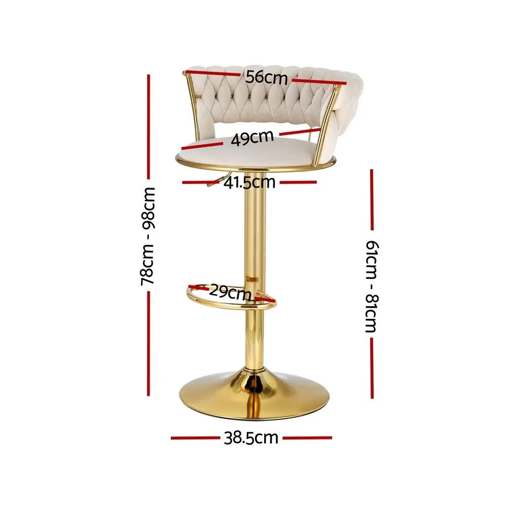 Artiss Bar Stools X3 Kitchen Counter Chair Gas Lift Velvet Woven Backrest Ivory - Image 2