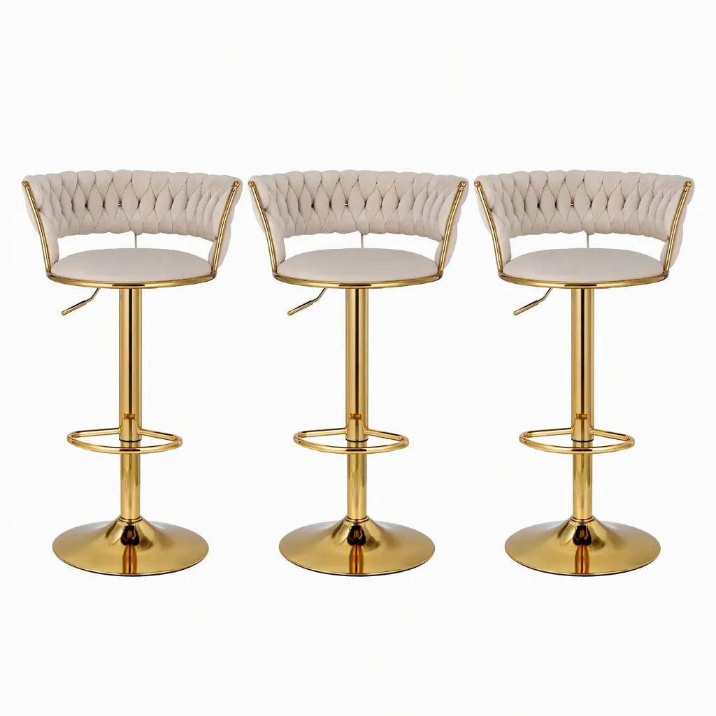 Artiss Bar Stools X3 Kitchen Counter Chair Gas Lift Velvet Woven Backrest Ivory - Image 3