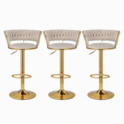 Artiss Bar Stools X3 Kitchen Counter Chair Gas Lift Velvet Woven Backrest Ivory - Image 3