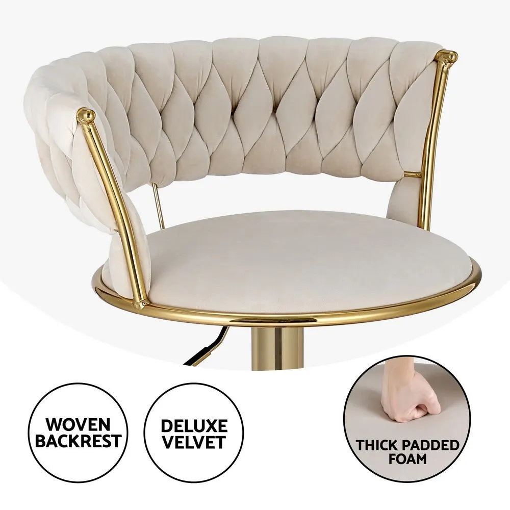 Artiss Bar Stools X3 Kitchen Counter Chair Gas Lift Velvet Woven Backrest Ivory - Image 4