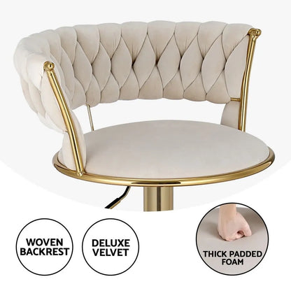 Artiss Bar Stools X3 Kitchen Counter Chair Gas Lift Velvet Woven Backrest Ivory - Image 4