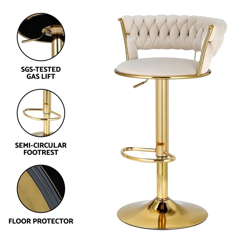 Artiss Bar Stools X3 Kitchen Counter Chair Gas Lift Velvet Woven Backrest Ivory - Image 5