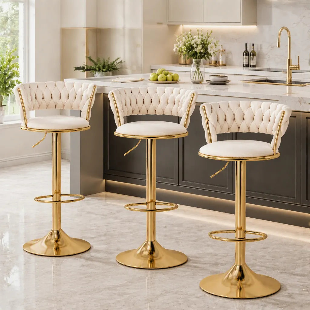 Artiss Bar Stools X3 Kitchen Counter Chair Gas Lift Velvet Woven Backrest Ivory - Image 7