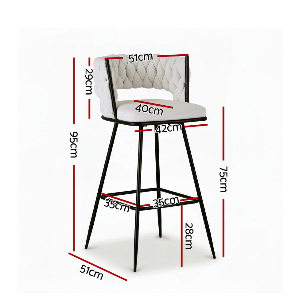 Artiss 2x Bar Stools Kitchen Dining Chair Counter Stool Woven Velvet Metal Ivory - Image 2