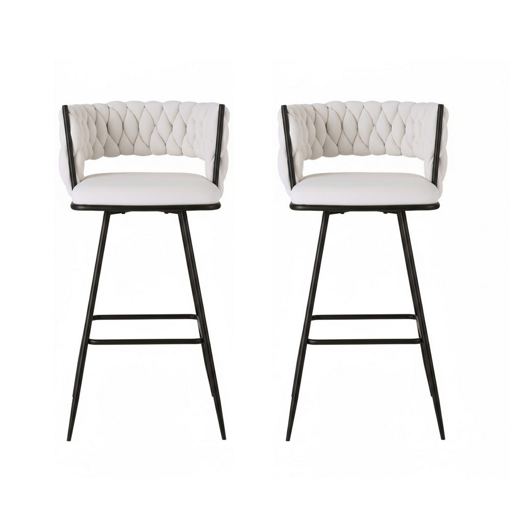 Artiss 2x Bar Stools Kitchen Dining Chair Counter Stool Woven Velvet Metal Ivory - Image 3
