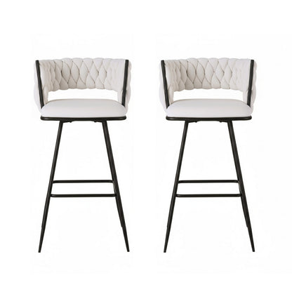 Artiss 2x Bar Stools Kitchen Dining Chair Counter Stool Woven Velvet Metal Ivory - Image 3