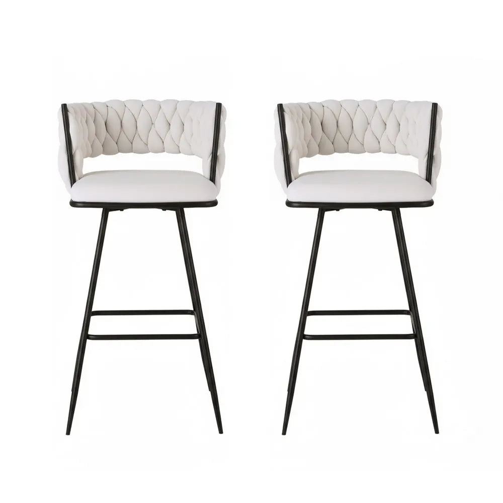 Artiss 2x Bar Stools Kitchen Dining Chair Counter Stool Woven Velvet Metal Ivory - Image 3