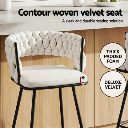 Artiss 2x Bar Stools Kitchen Dining Chair Counter Stool Woven Velvet Metal Ivory - Image 5