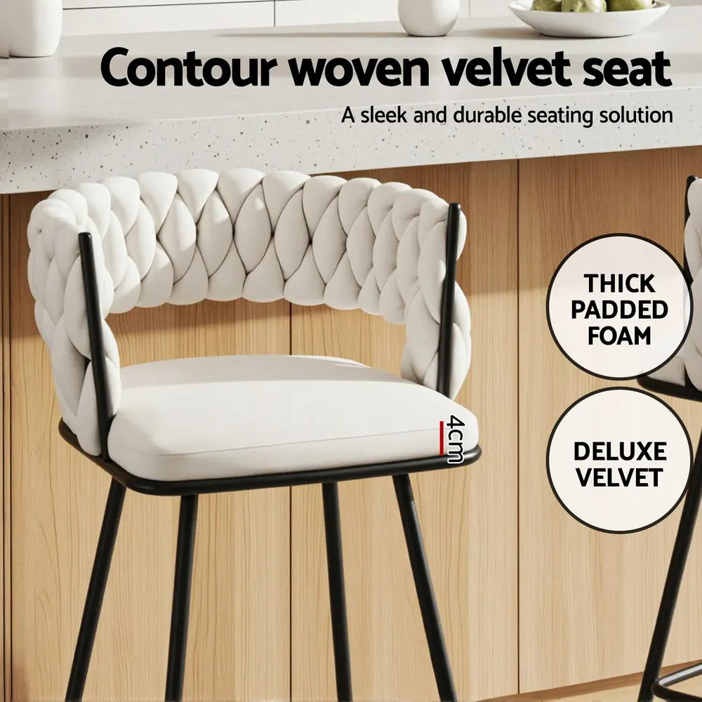 Artiss 2x Bar Stools Kitchen Dining Chair Counter Stool Woven Velvet Metal Ivory - Image 5