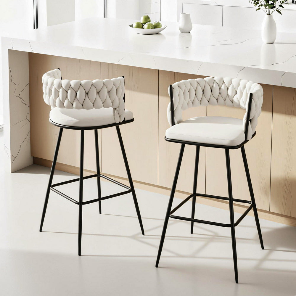 Artiss 2x Bar Stools Kitchen Dining Chair Counter Stool Woven Velvet Metal Ivory - Image 7