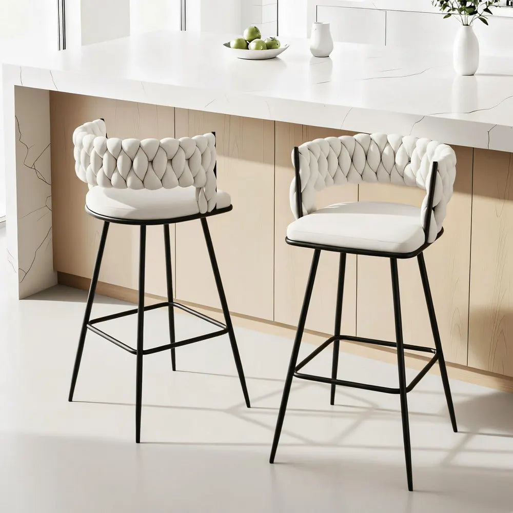 Artiss 2x Bar Stools Kitchen Dining Chair Counter Stool Woven Velvet Metal Ivory - Image 7
