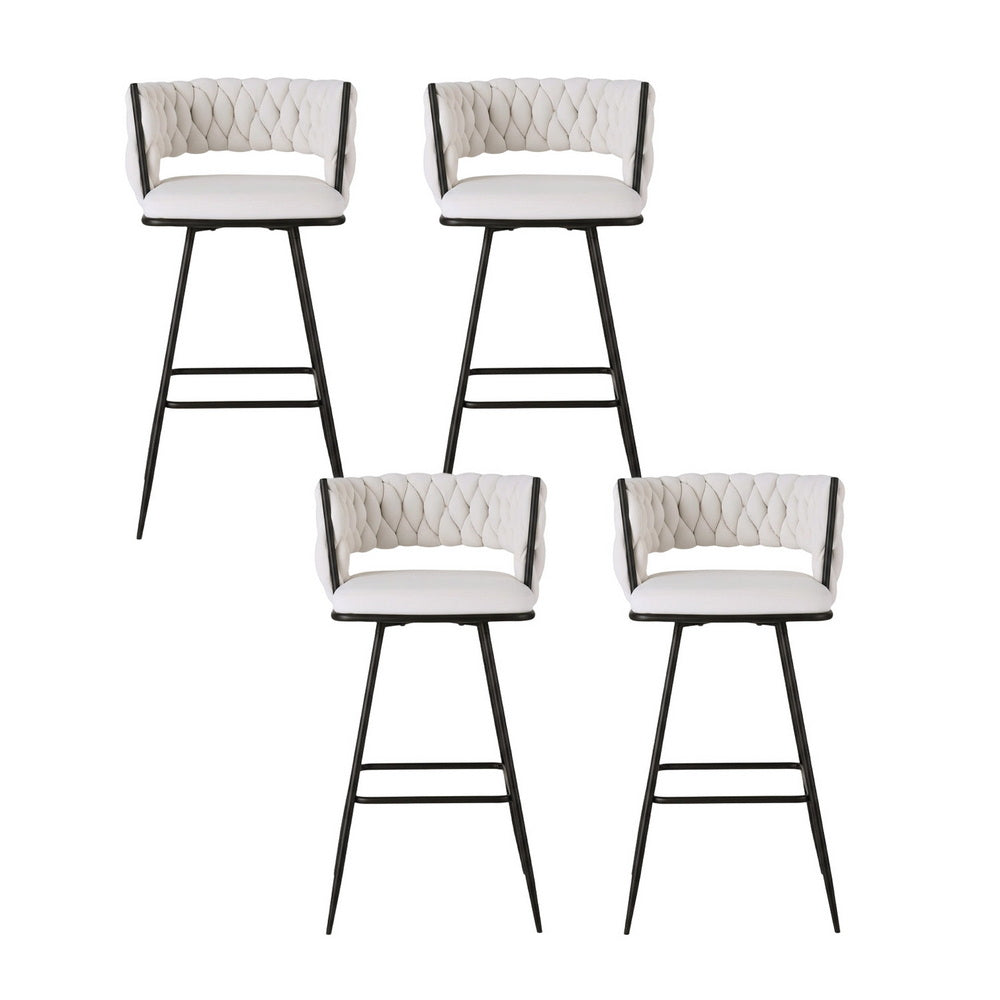 Artiss 4x Bar Stools Kitchen Dining Chair Counter Stool Woven Velvet Metal Ivory - Image 3