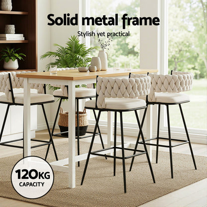 Artiss 4x Bar Stools Kitchen Dining Chair Counter Stool Woven Velvet Metal Ivory - Image 4